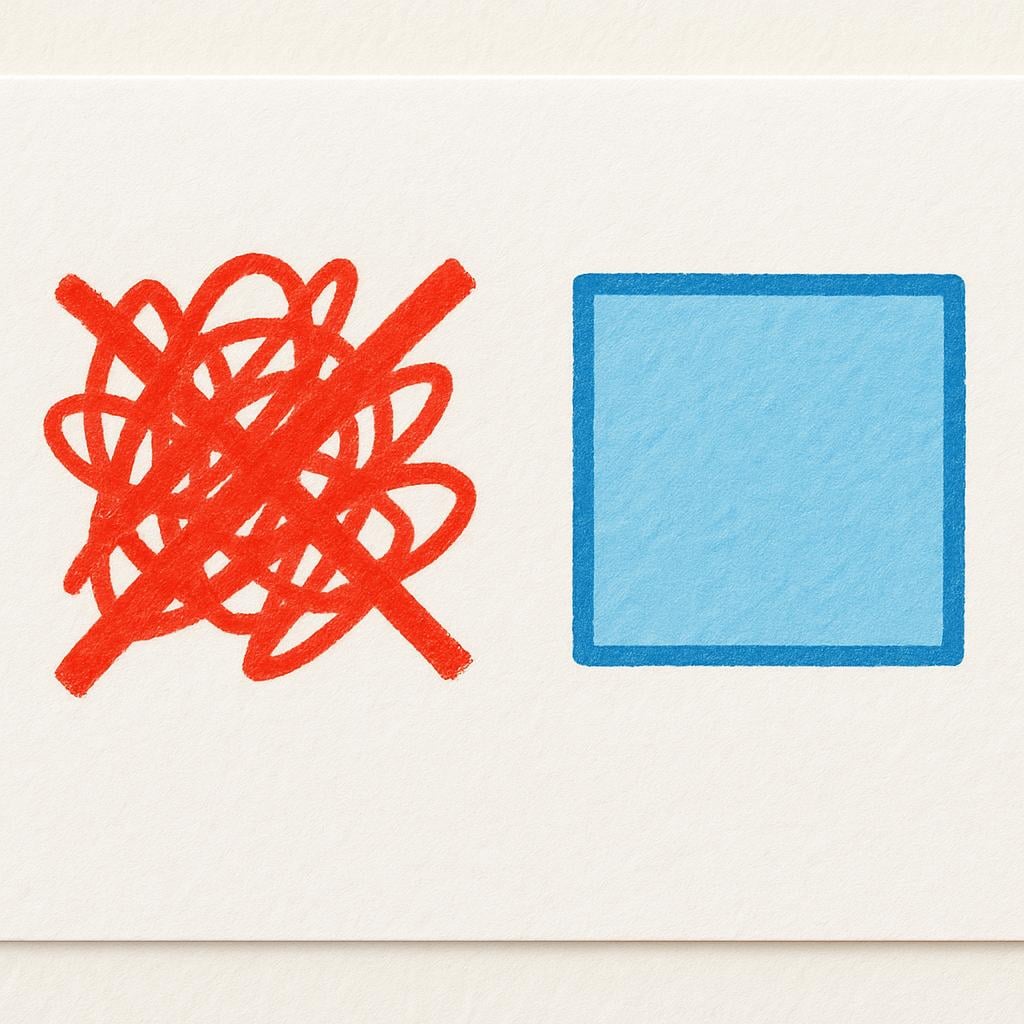 A paper showing a mistake (a red scribble) crossed out and replaced by a neat blue square, representing a specific correction or amendment.