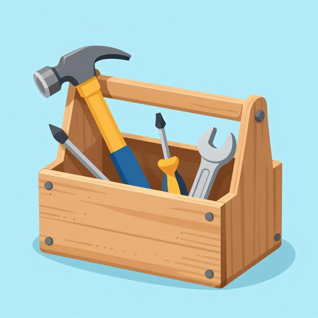 Una cassetta degli attrezzi in legno robusta piena di martello, cacciavite e chiave inglese, appoggiata su un banco da lavoro.