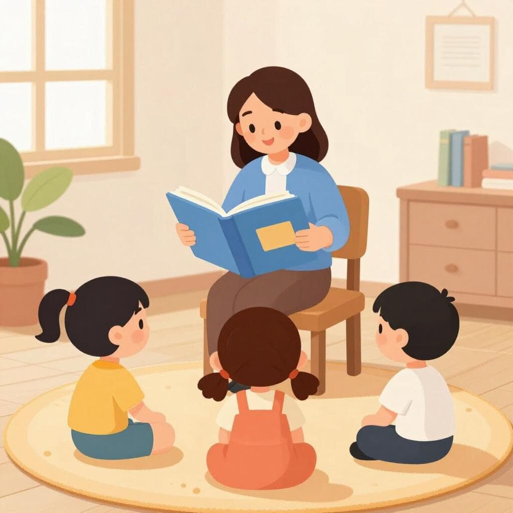 Uma professora lendo um livro grande aberto para um grupo de crianças atentas sentadas em um tapete colorido.