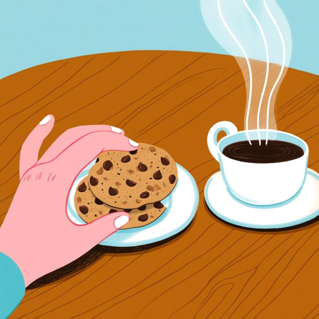 コーヒーの入った湯気の立つカップの隣のきれいなテーブルの上に、チョコチップクッキーを置いている人間の手のシンプルな絵本のようなイラスト。2つ目のアイテムが追加されることを象徴している。
