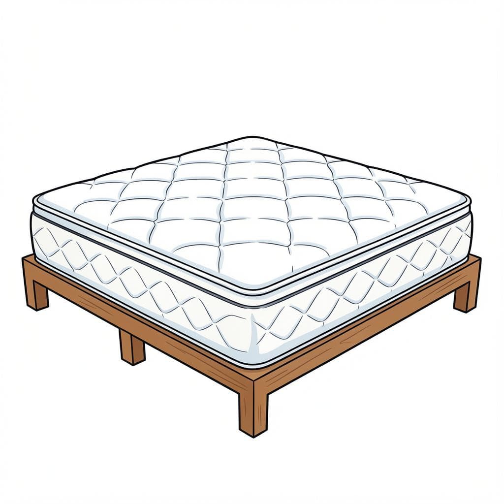 Een dikke, comfortabele witte matras met een gewatteerd patroon rustend op een eenvoudig houten bedframe.
