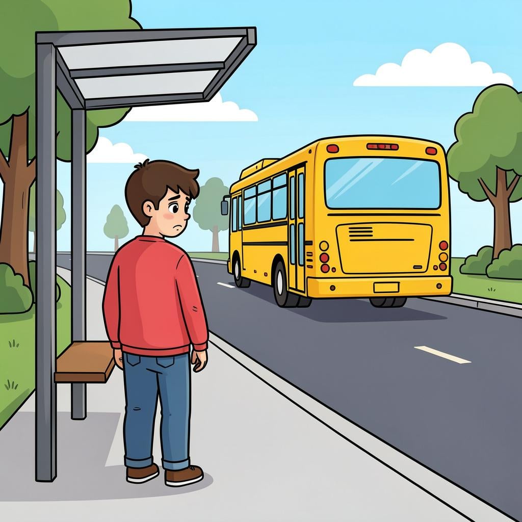 A person standing on a sidewalk waving their hand as a yellow bus drives away in the distance.