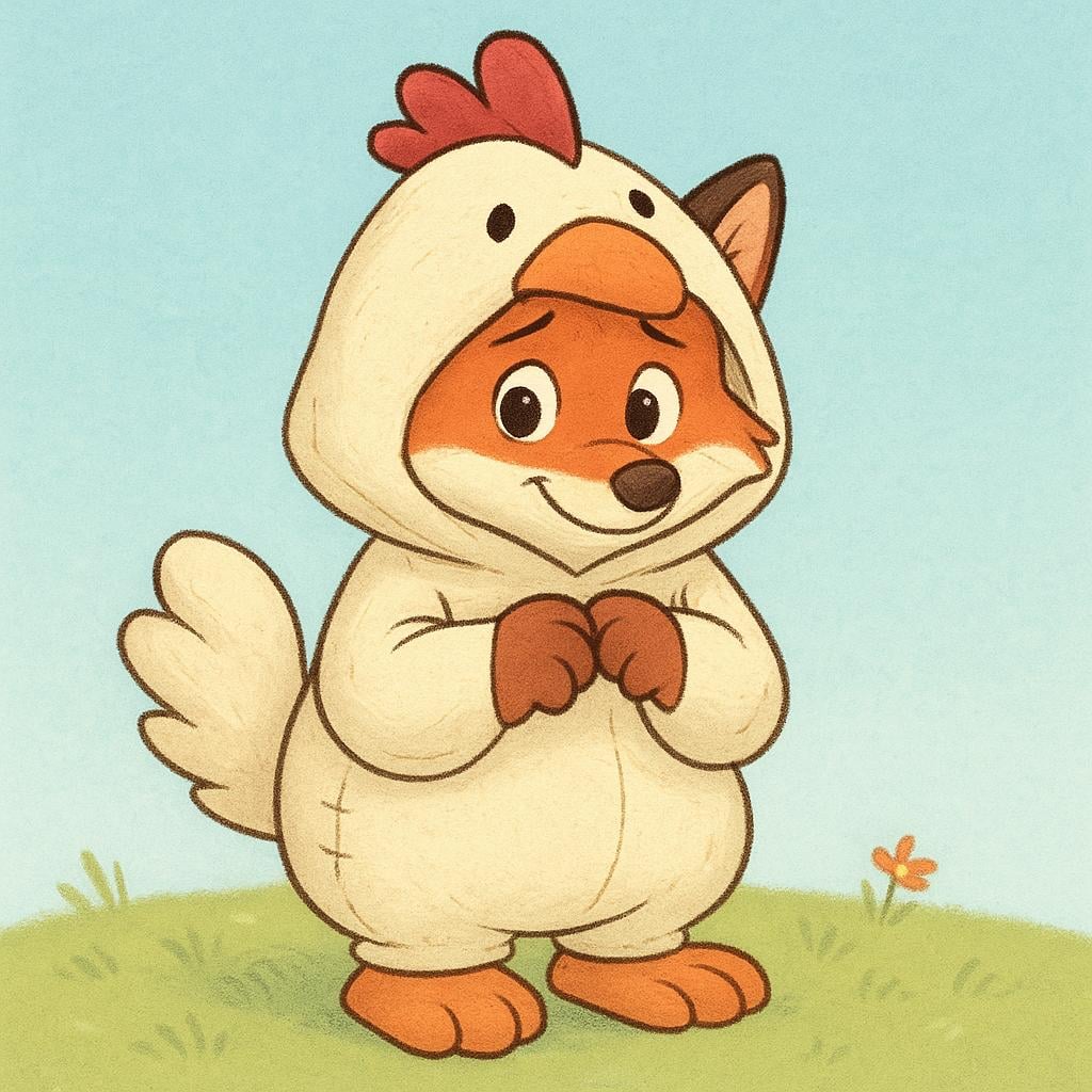 A friendly fox wearing a clumsy, oversized chicken costume, attempting to look innocent, symbolizing a lie or falsehood.