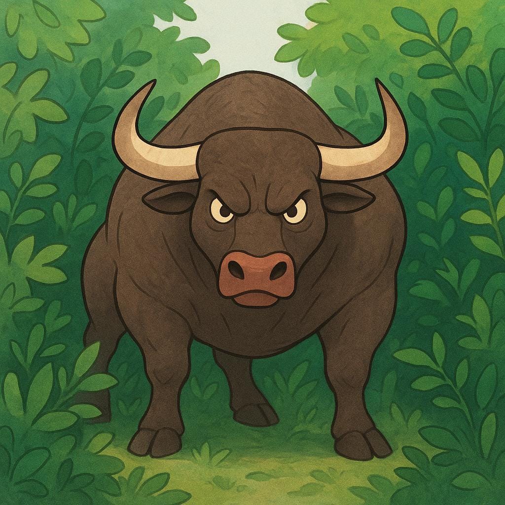 A powerful, dark brown bull with large horns standing defiantly in a rugged, overgrown field, symbolizing wildness and being untamed.