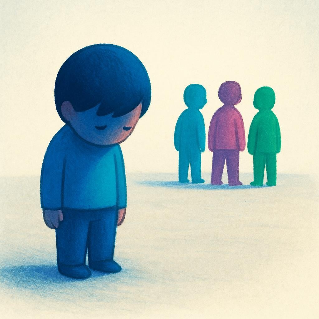 An illustration depicting a solitary colorful figure standing alone with their head bowed in shame. Several simple, brightly colored figures in the distance are distinctly turning their backs away from the central figure, symbolizing disgrace and loss of reputation.