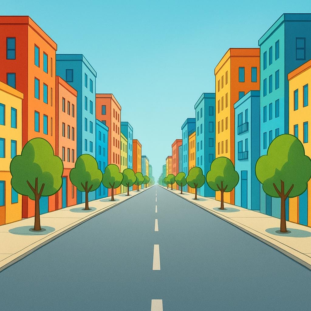 A wide, straight city street lined with tall, colorful buildings and green trees, illustrating a major urban avenue.