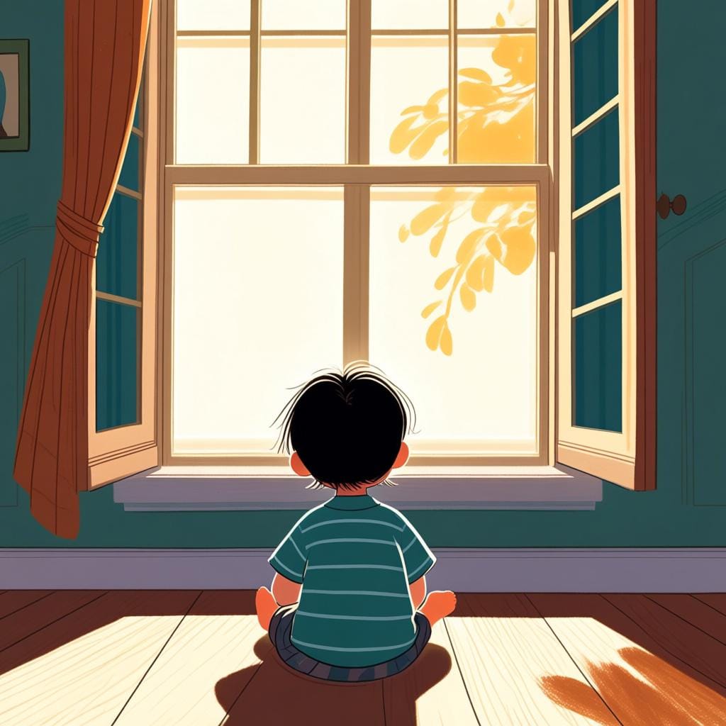 A young child sitting on the floor, oriented (turned) completely toward a bright, sunlit window.