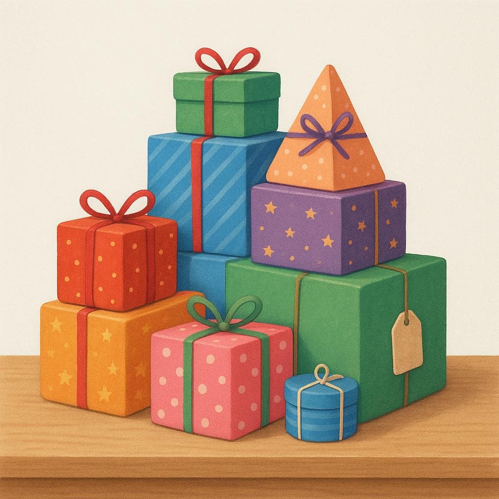 Une illustration simple et colorée de style livre d'histoires de haute qualité représentant une pile soignée de divers colis et boîtes aux couleurs vives, représentant des marchandises destinées à la vente.