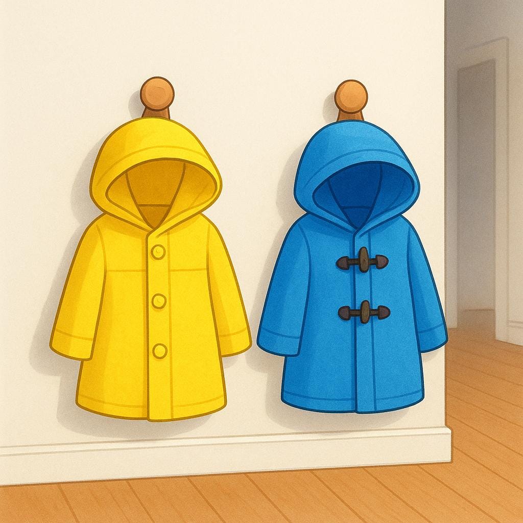 Two brightly colored raincoats, one yellow and one blue, hanging side-by-side on coat hooks.