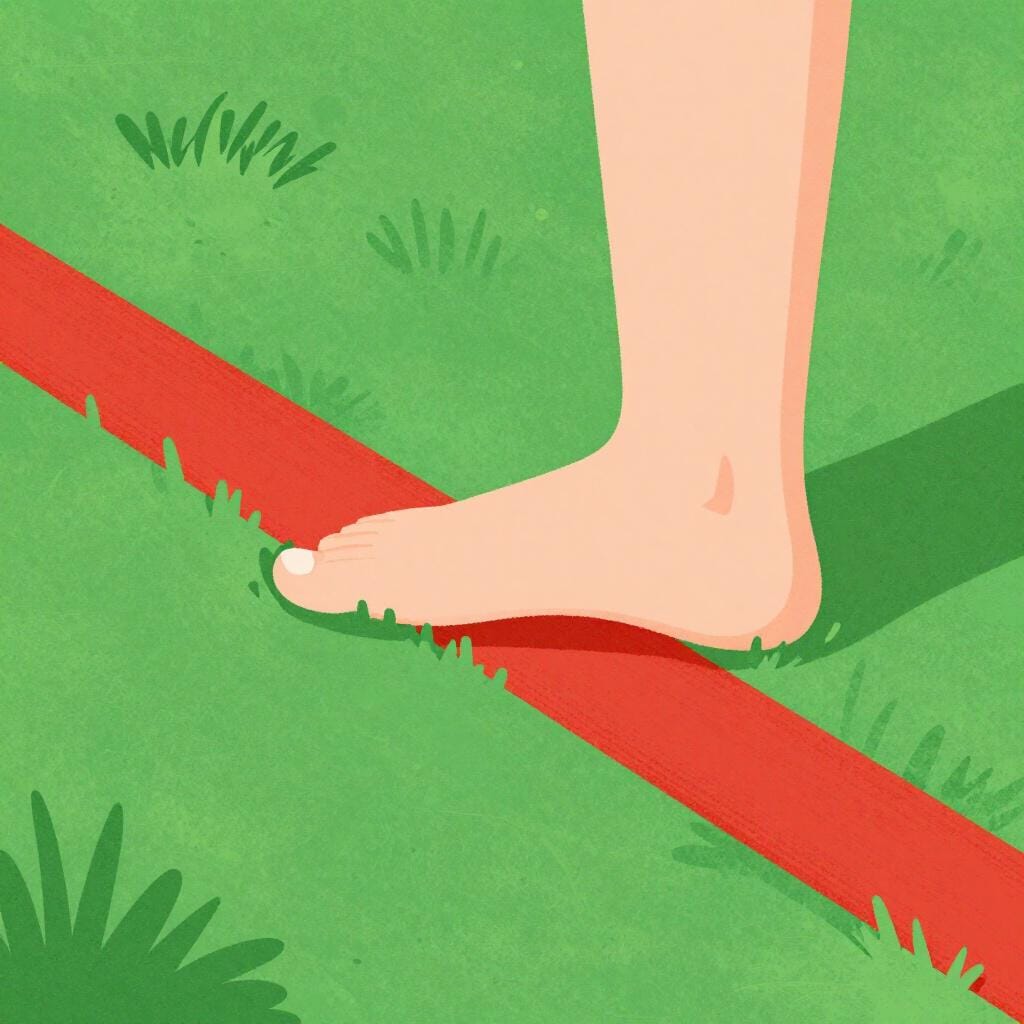 A person stepping over a bright red line on a green field.