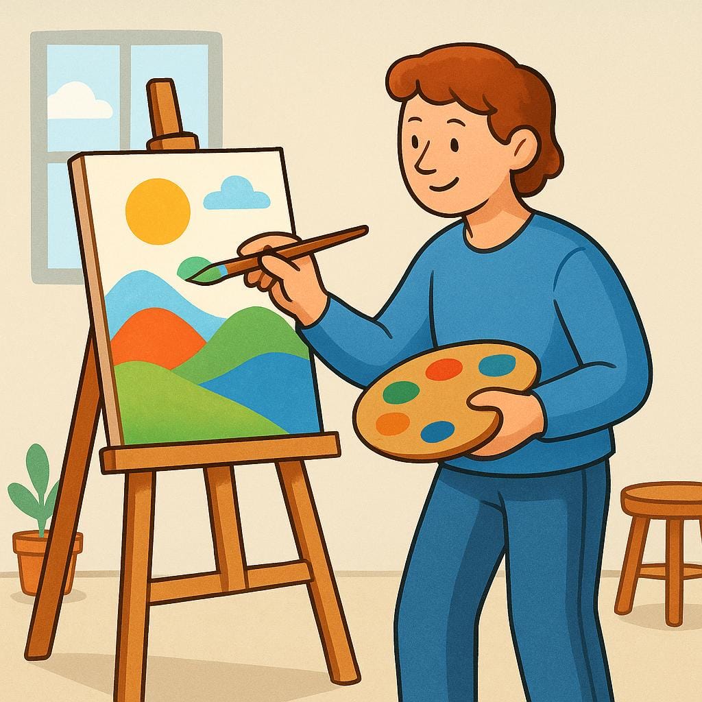 A person wearing an apron standing in front of an easel, holding a palette and a brush, applying paint to a canvas in an art studio.