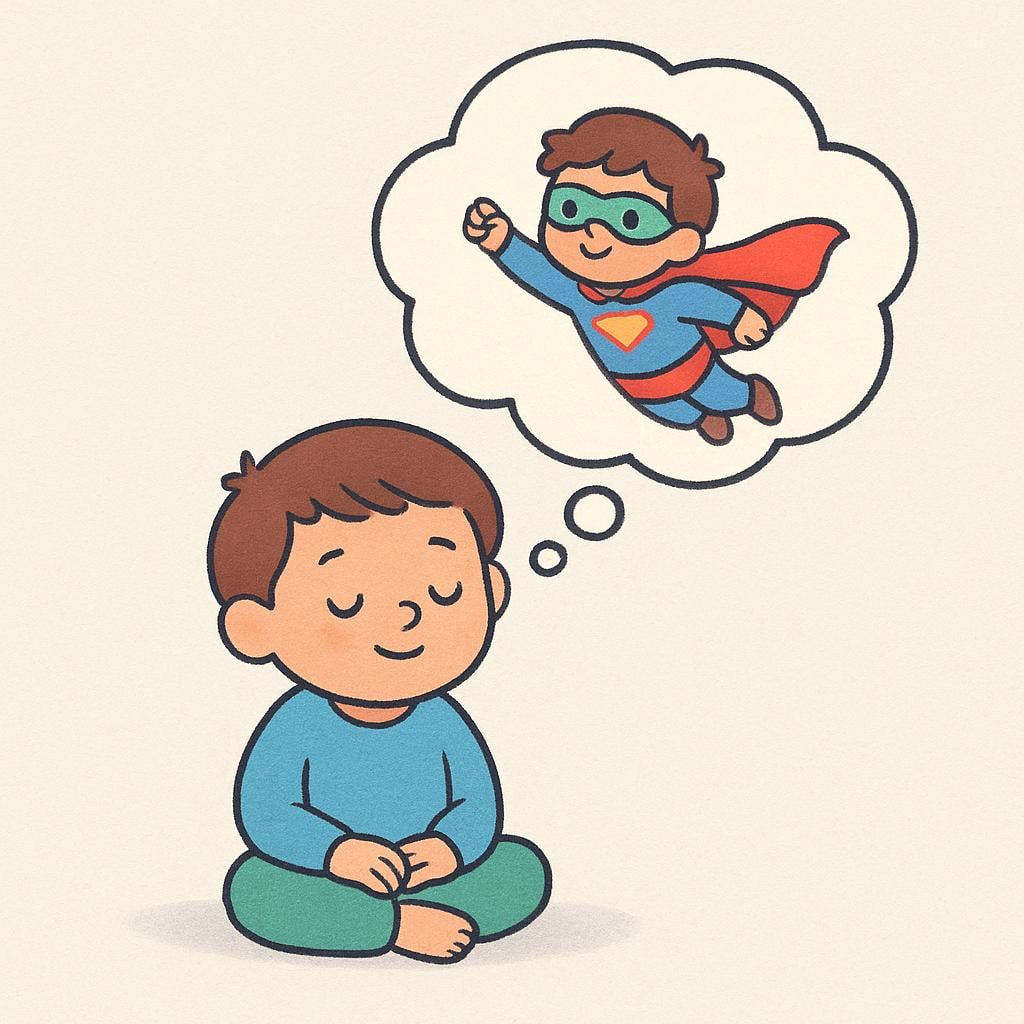 A small child sitting quietly, looking upward. Above their head, a simple, colorful thought bubble contains an image of the child dressed as a flying superhero, representing a hypothetical state of being.
