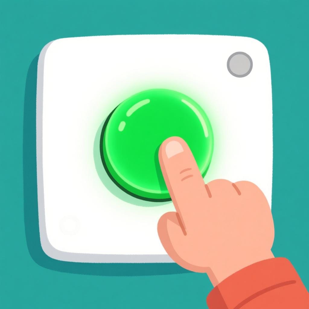 A cartoon hand reaching out to press a single, large, glowing green button centered on a plain white control panel, illustrating the concept of 'just' or 'only' this action.