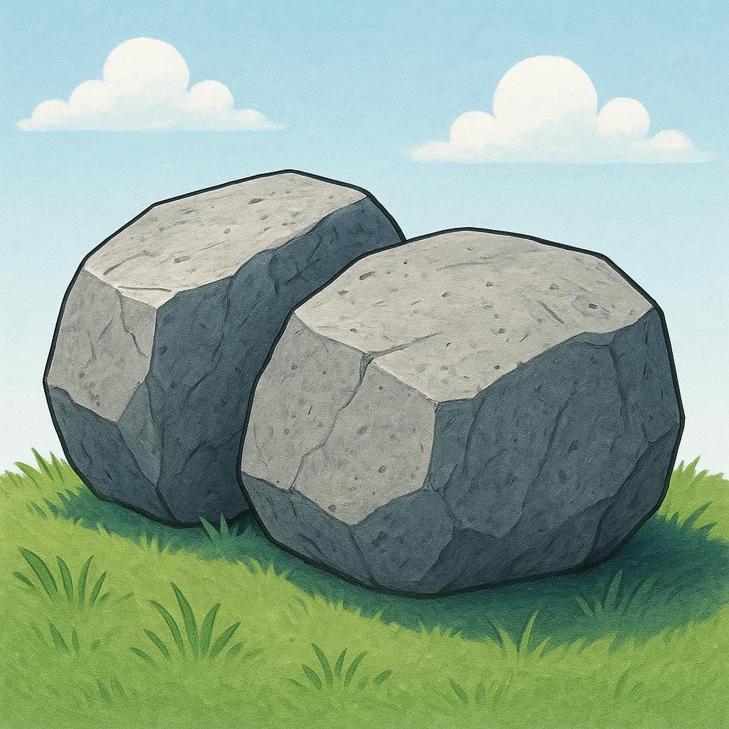 Two large, gray, solid stones resting firmly on a patch of green grass, illustrating physical hardness.