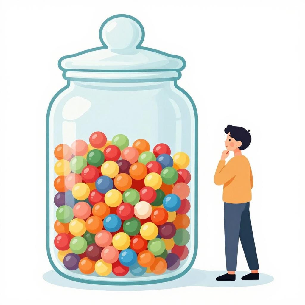 A person looking at a jar full of jellybeans and holding their chin thoughtfully.