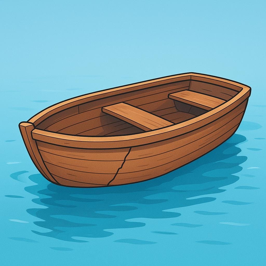 A small, simple wooden rowboat floating on blue water has a clear, visible crack running down its side, depicting damage.