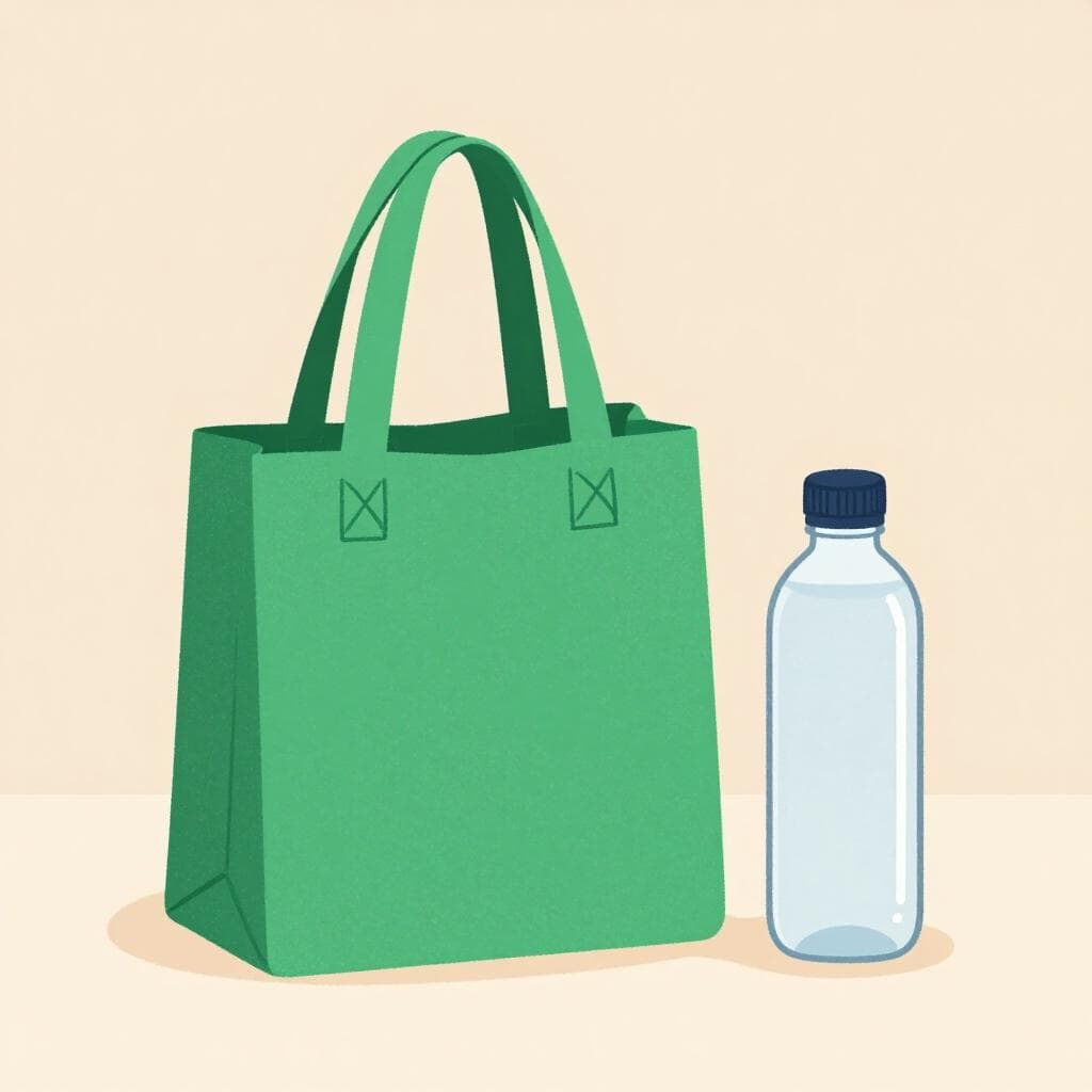 Un sac fourre-tout vert réutilisable avec un petit symbole de feuille verte dessus, posé à côté d'une bouteille d'eau en verre.