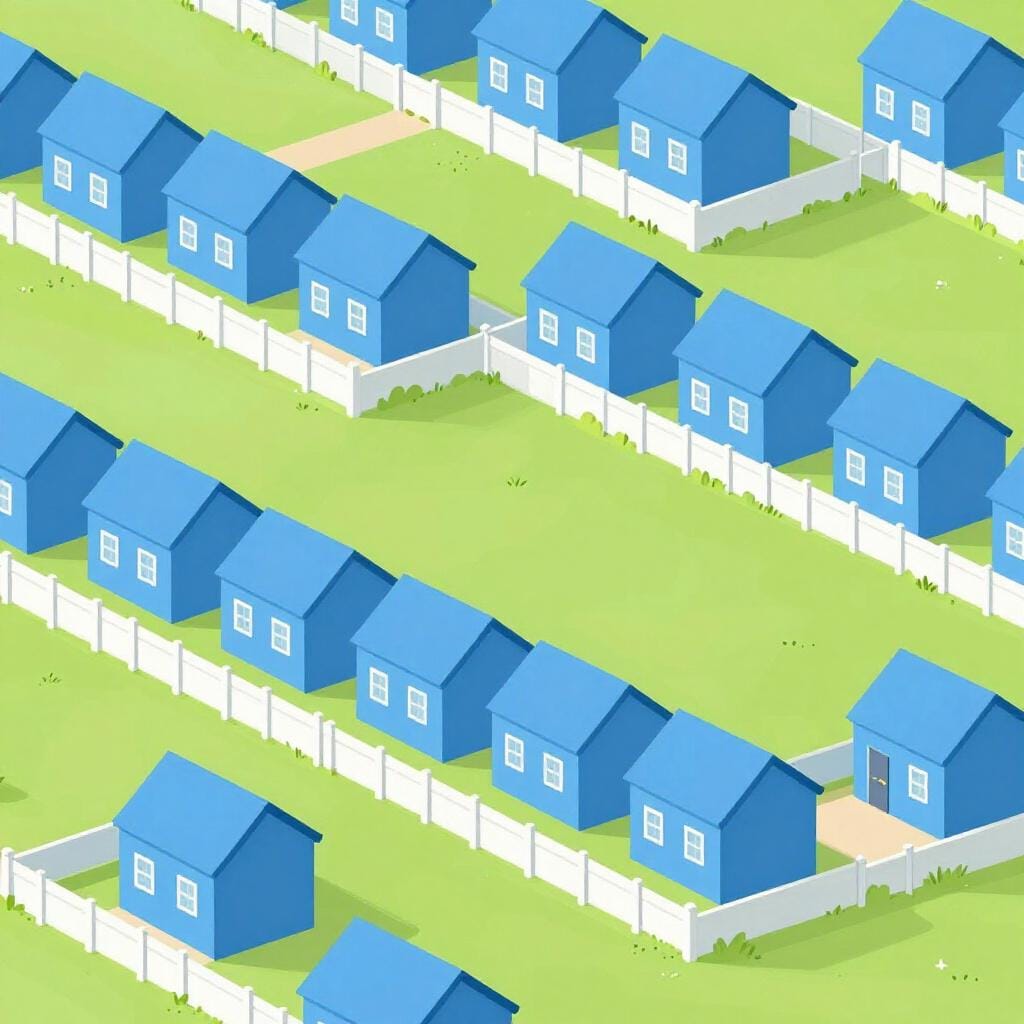 Eine Reihe identischer kleiner blauer Häuser mit weißen Zäunen und grünen Rasenflächen unter einer hellen Sonne.