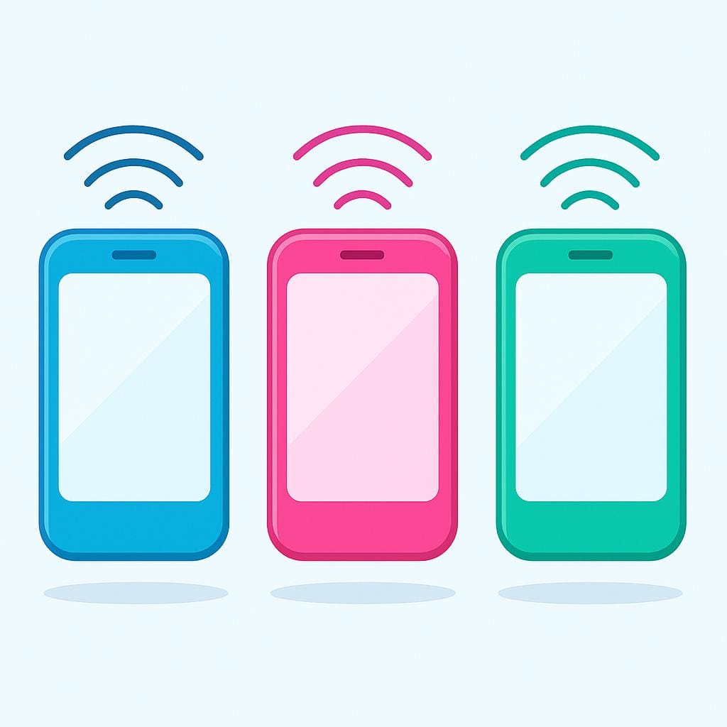 An illustration showing three simple, colorful mobile phones, each emitting curved dashed lines to signify outgoing calls.