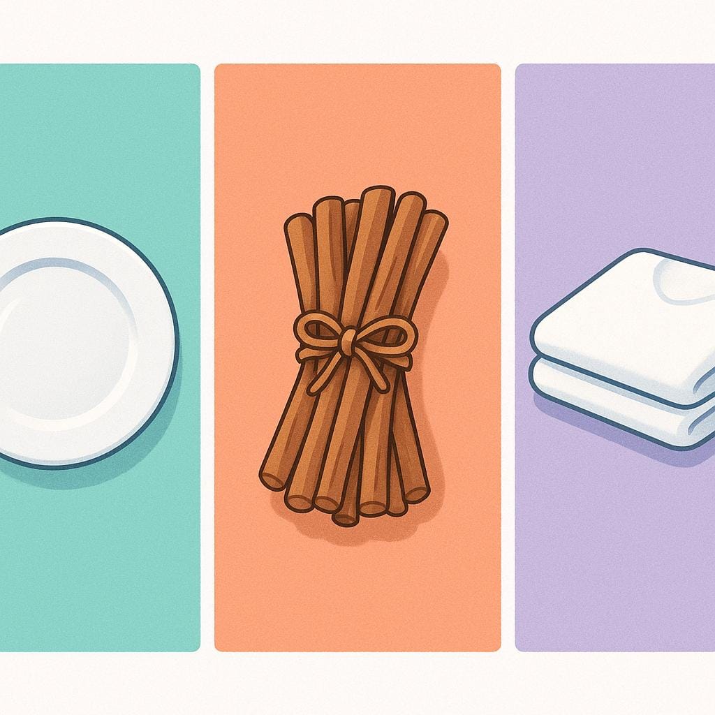 A visual representation showing three small, specific tasks completed: a clean plate, a bundle of sticks tied neatly, and a folded piece of laundry.