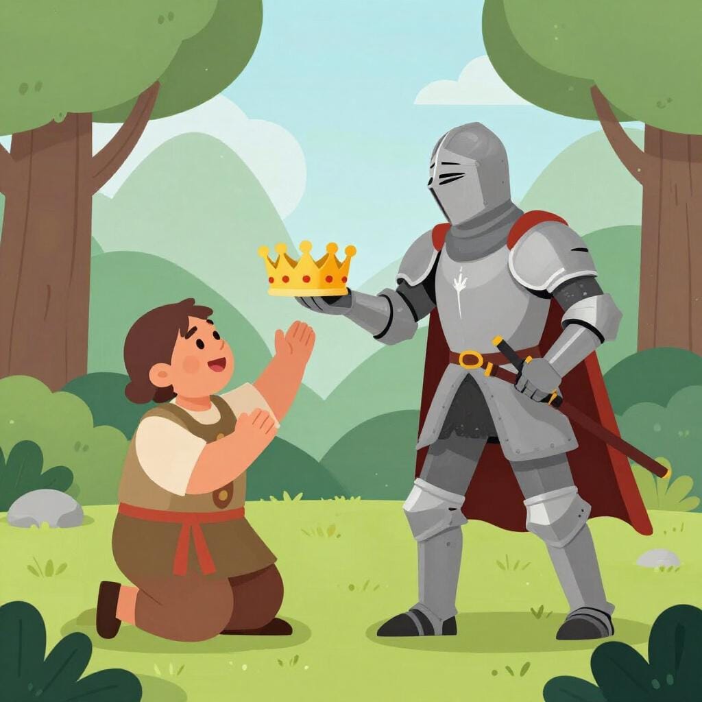 A noble knight in shining armor handing a recovered stolen crown back to a sad villager.