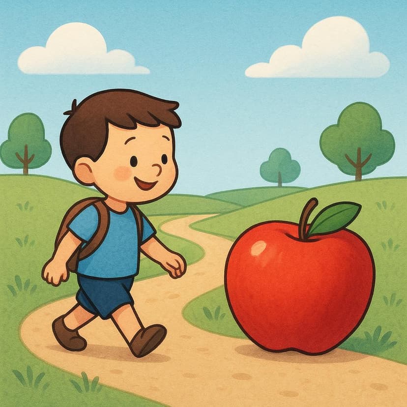 Un bambino cammina lungo un sentiero verso una grande mela rossa appoggiata a terra, mostrando chiaramente l'azione di avvicinarsi.