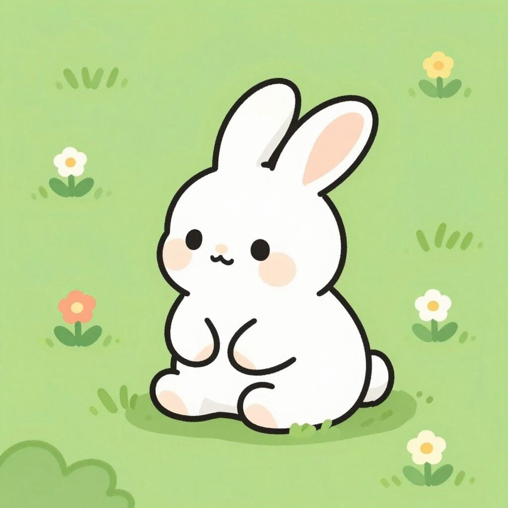 A small, fluffy white bunny with long ears and a pink nose sitting in green grass.