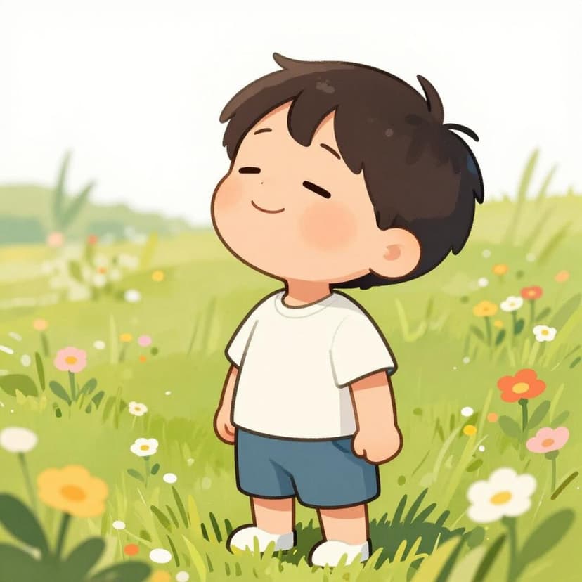 A child standing in a field of flowers, taking a deep breath of the fresh air.