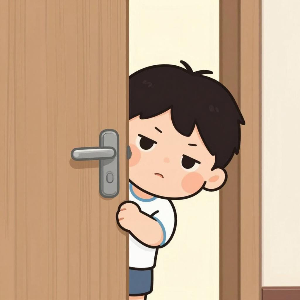 A child with blushing cheeks hiding behind a wooden door.