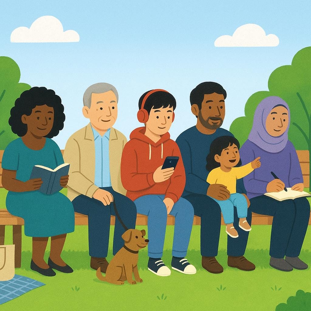 Een lichte, zonnige parkscène met verschillende diverse mensen die samen op een lange houten bank zitten, wat een openbare ruimte illustreert.