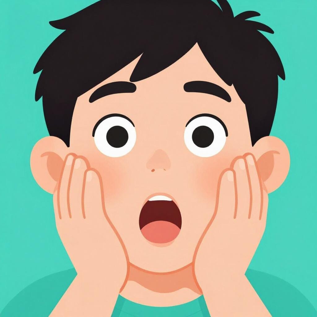 A person looking very surprised with wide eyes and hands on their cheeks.