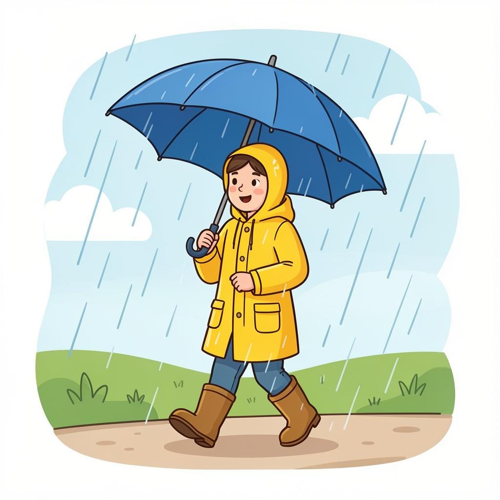 A person wearing a sturdy raincoat and boots, carrying a large umbrella and looking at a small dark cloud in the distance.