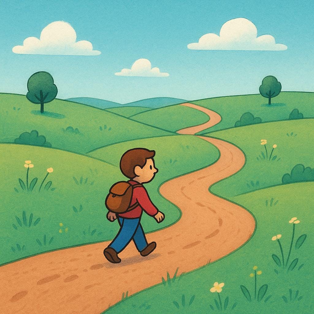 Un escursionista determinato che cammina lungo un lungo e tortuoso sentiero sterrato che continua in lontananza, illustrando la perseveranza.