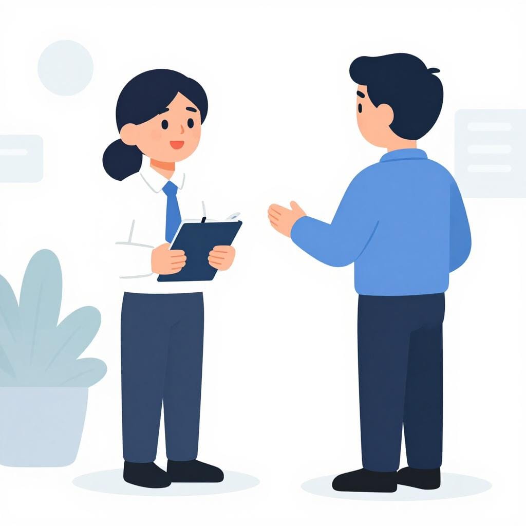 A team member in a bright office listening attentively to a supervisor who is pointing at a project board.