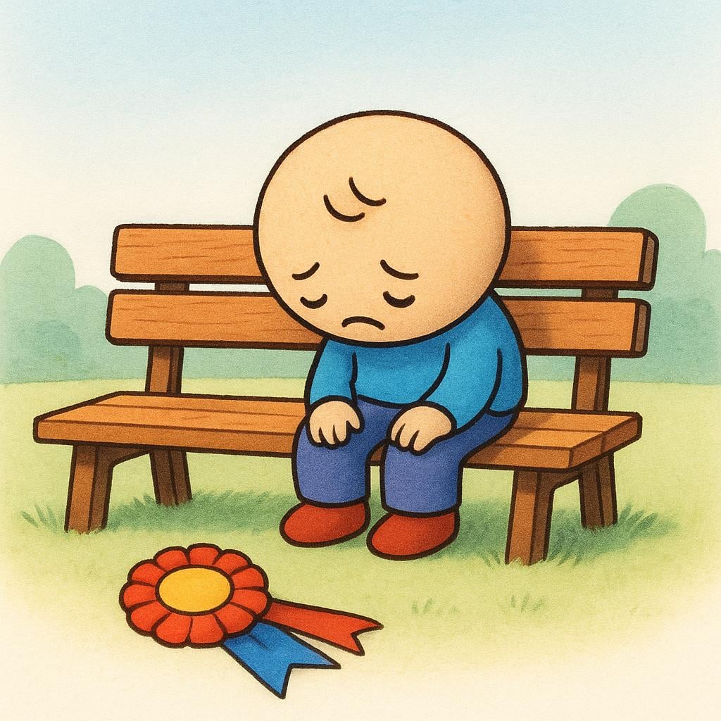 A sad cartoon character sitting alone on a bench with their head down, signifying defeat, while a brightly colored winner's ribbon lies discarded nearby.