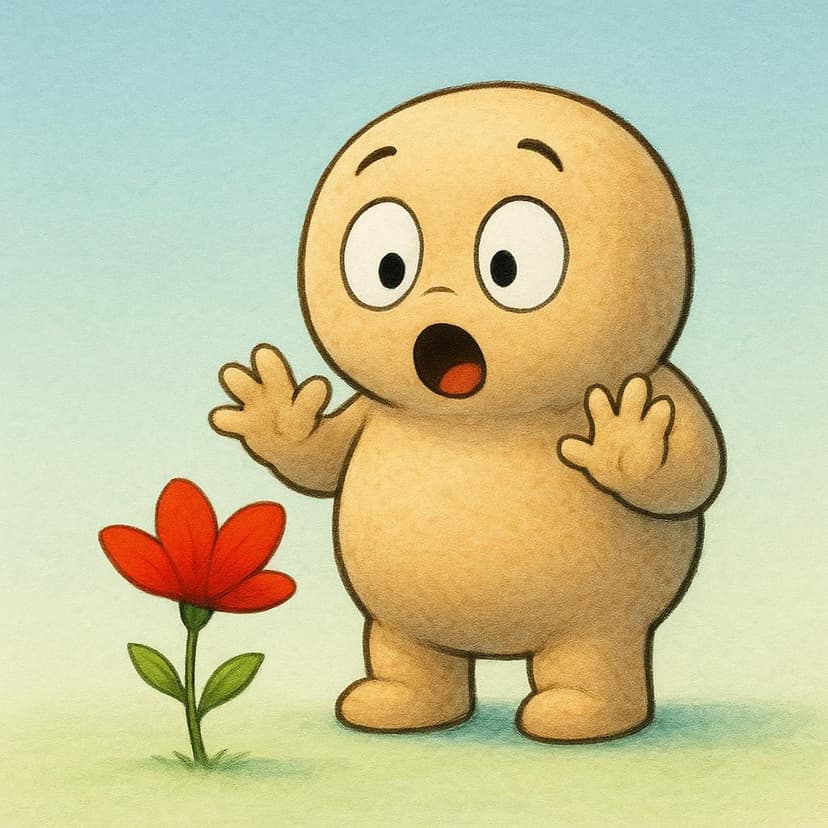 A small, round character standing with an expression of wide-eyed surprise and an open mouth, looking down at a single, bright red flower that has unexpectedly popped up right in front of its feet.