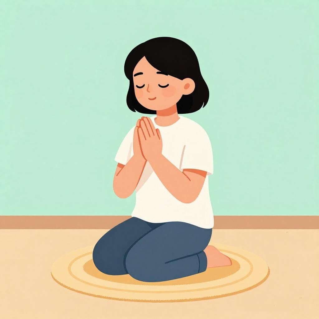 A person kneeling with hands clasped in prayer in a quiet, peaceful space.
