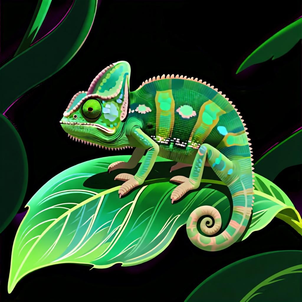 Un caméléon sur une feuille verte, correspondant parfaitement à sa couleur, pour représenter l'idée de 'comme' ou 'tel que'.