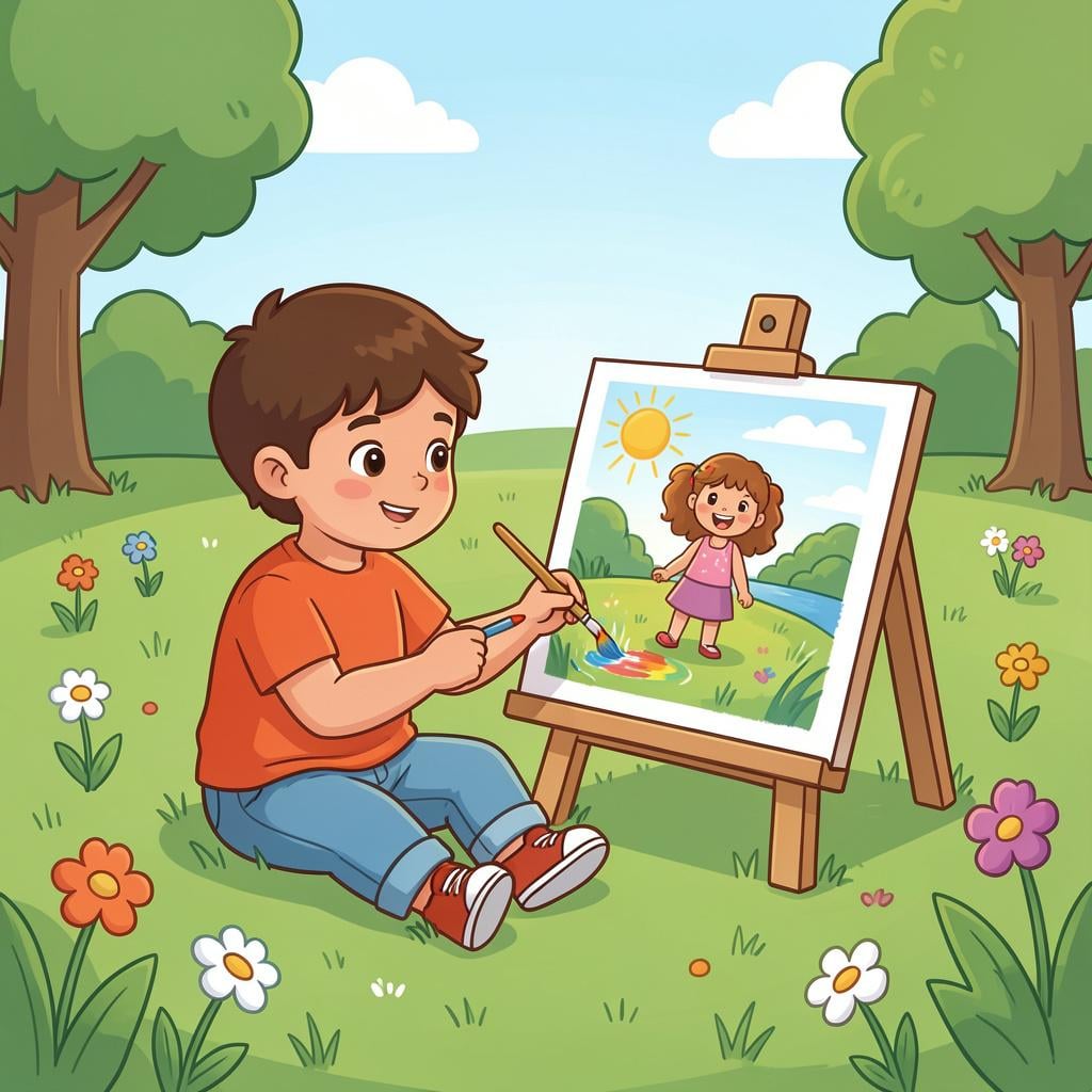A child sitting on the grass happily painting on a canvas.