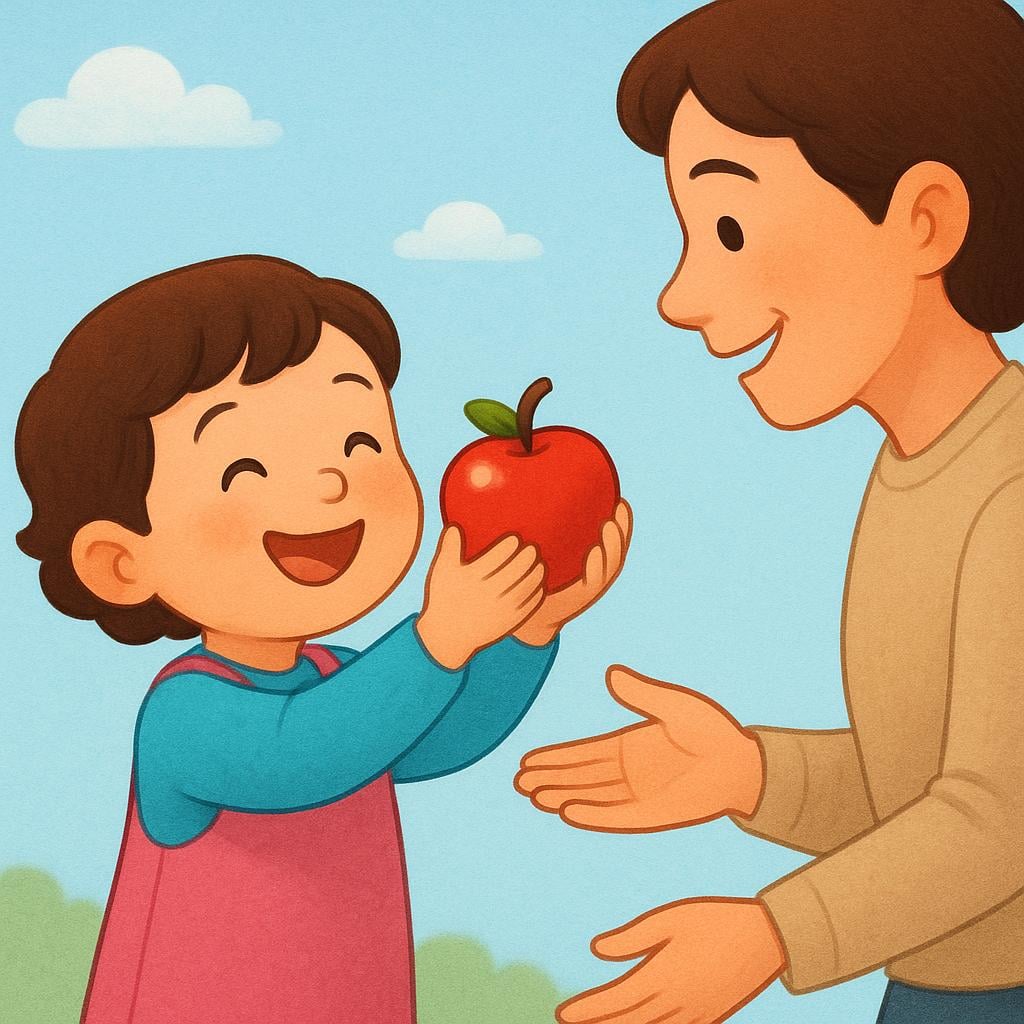 A child holding up a bright red apple to an adult who is smiling, clearly displaying the object.