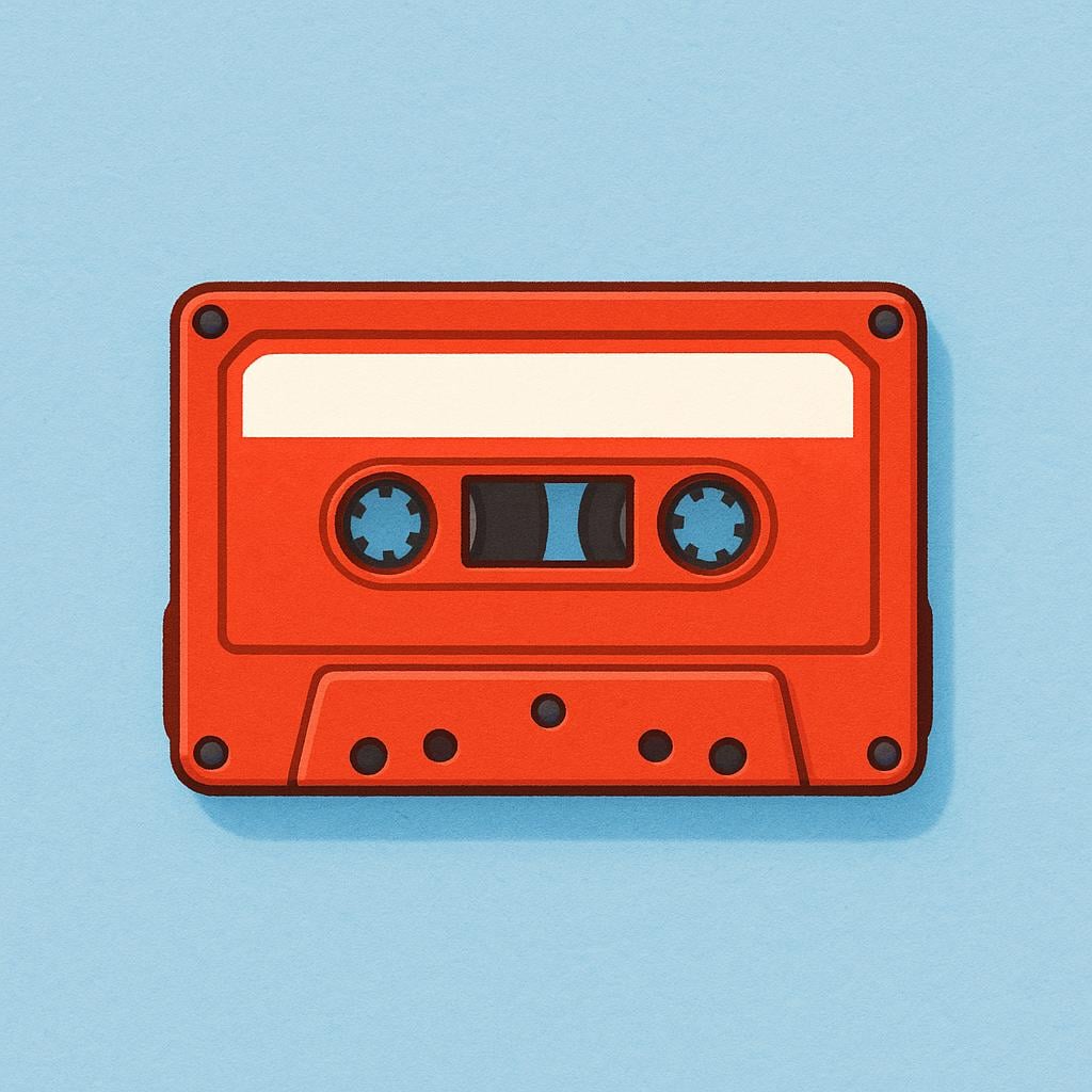 A vibrant red cassette tape lying flat on a soft blue surface, symbolizing a finished audio product.