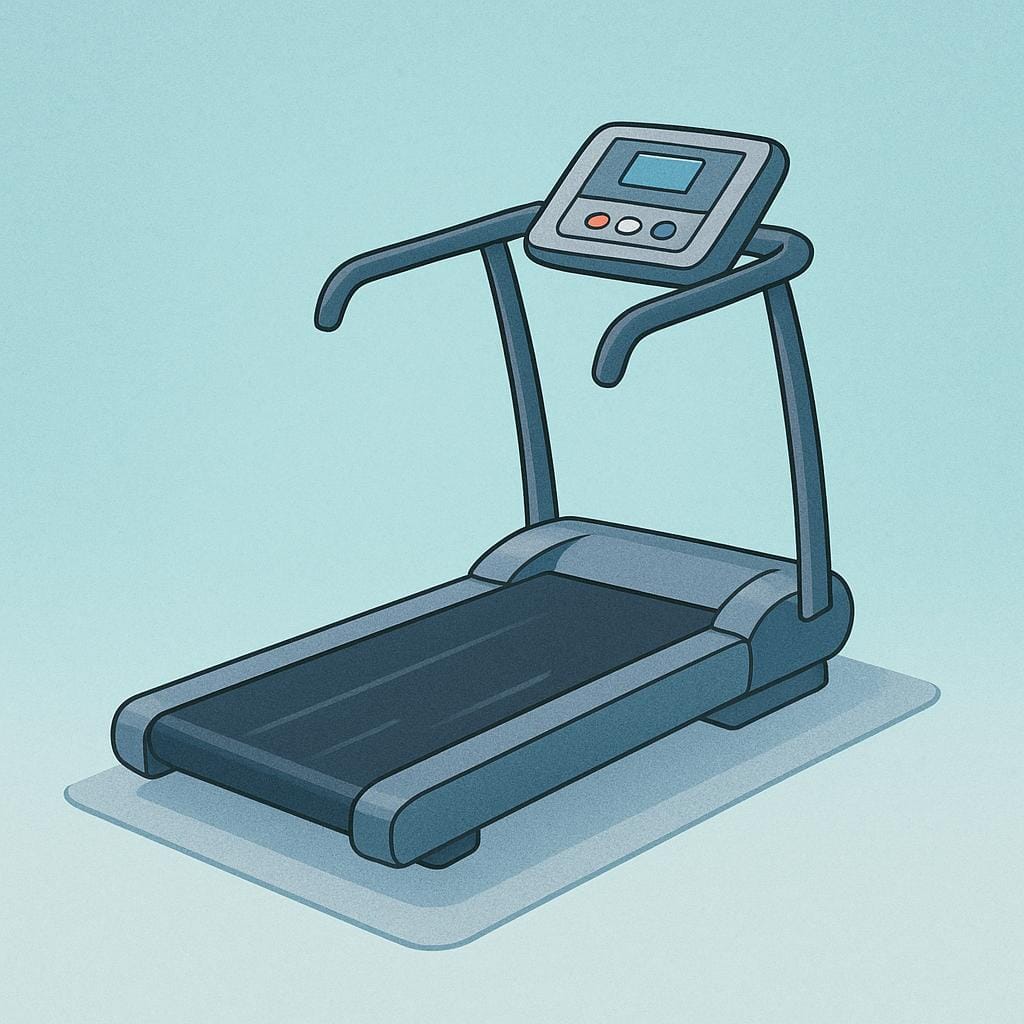 A simple illustration of a gray exercise treadmill with a moving black belt.