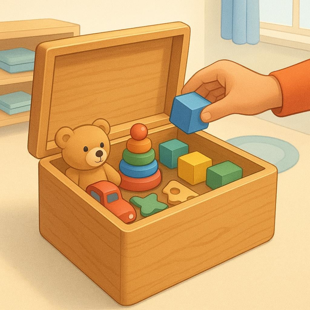 A child's hand neatly placing colorful wooden blocks into a wooden box.