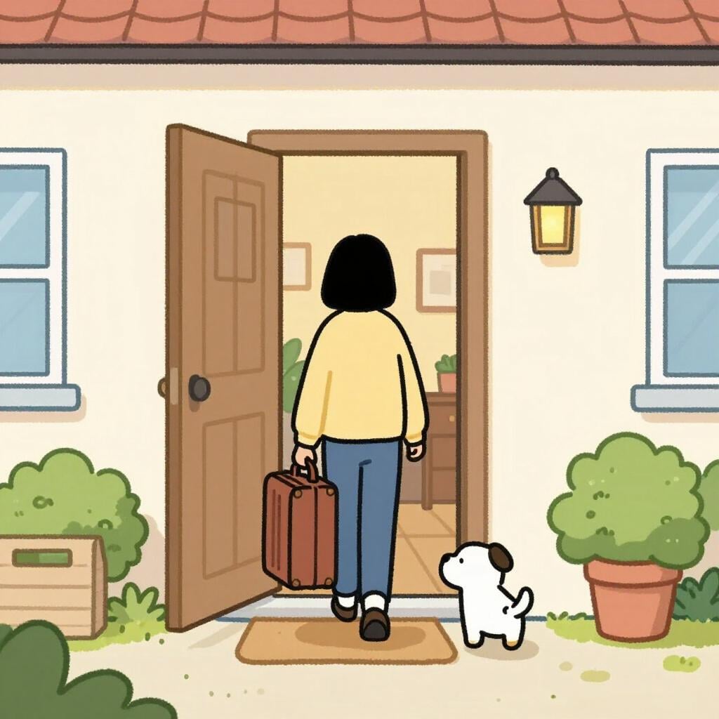 A person walking back through their home's front door with a suitcase, being greeted by a small dog.
