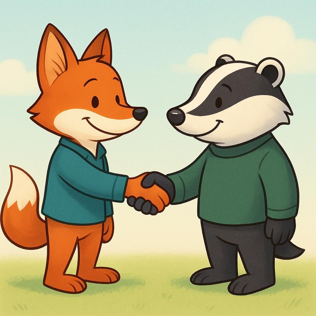 Two distinct cartoon characters, a fox and a badger, standing face-to-face and shaking hands firmly in the center of the frame, symbolizing a mutual agreement.