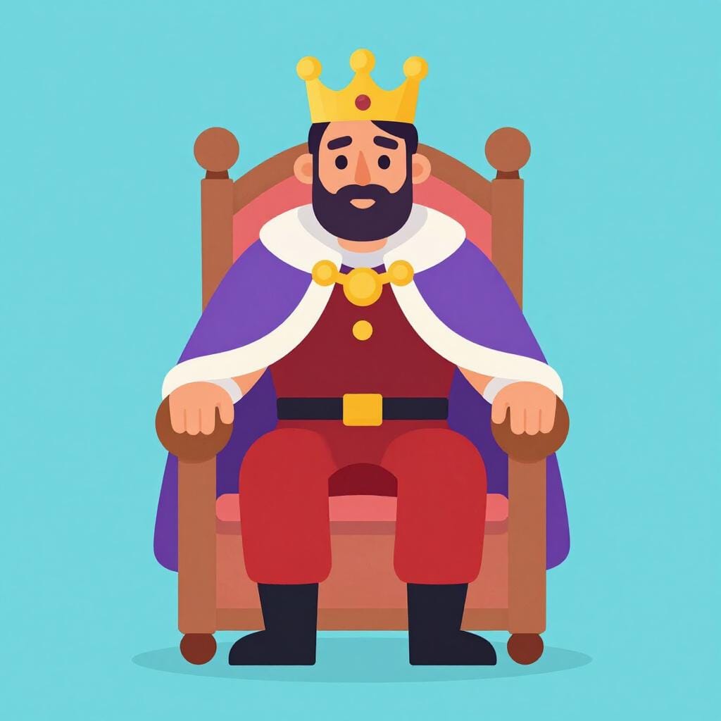 Una figura regale con una corona d'oro e una veste viola seduta su un semplice trono.