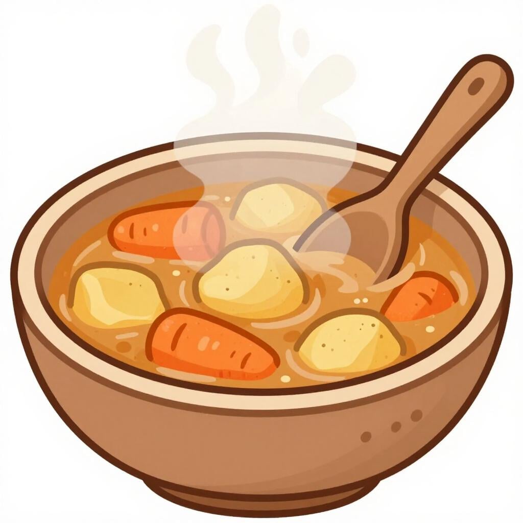 A large, steaming bowl of thick stew filled with chunks of potato, meat, and vegetables.
