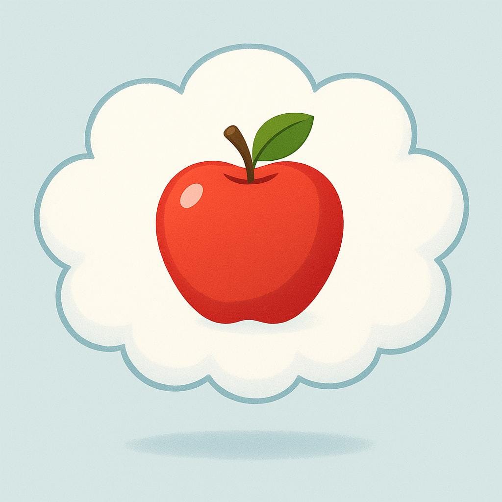 A stylized illustration of a single, white cloud-shaped thought bubble containing a simple drawing of a bright red apple, representing a specific idea or concept.