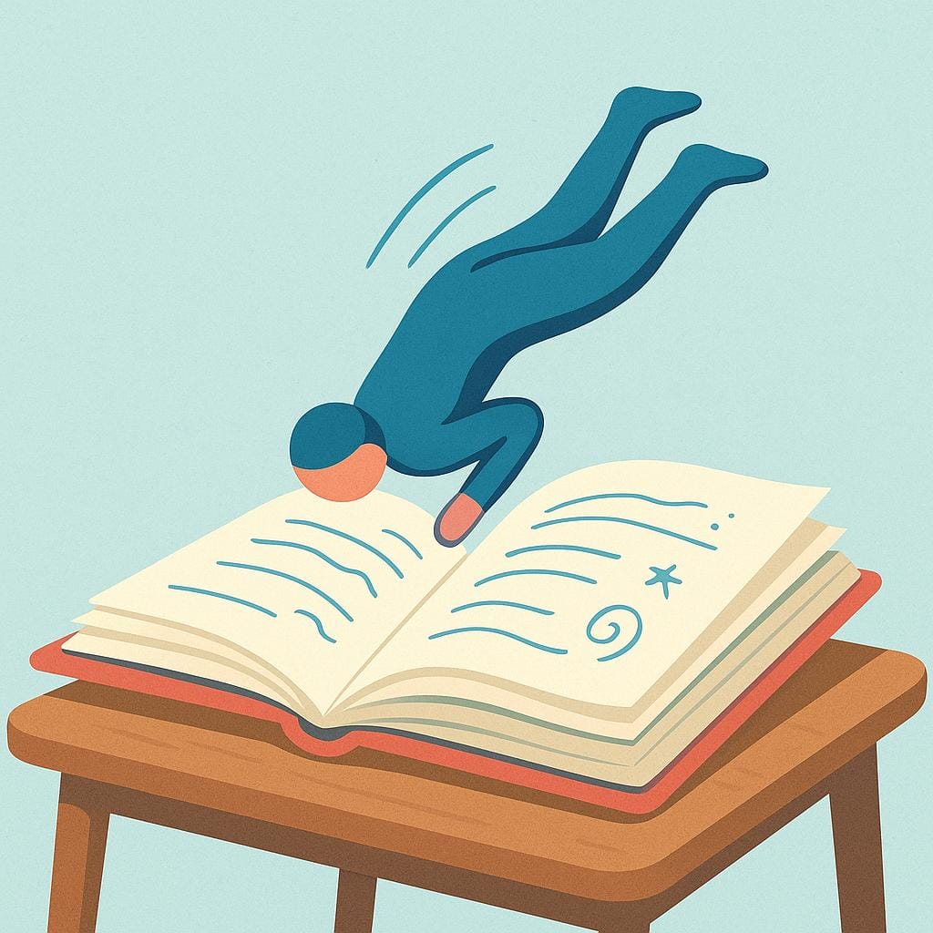 A cartoon figure diving enthusiastically into a large open book, symbolizing dedication to a new subject or career.