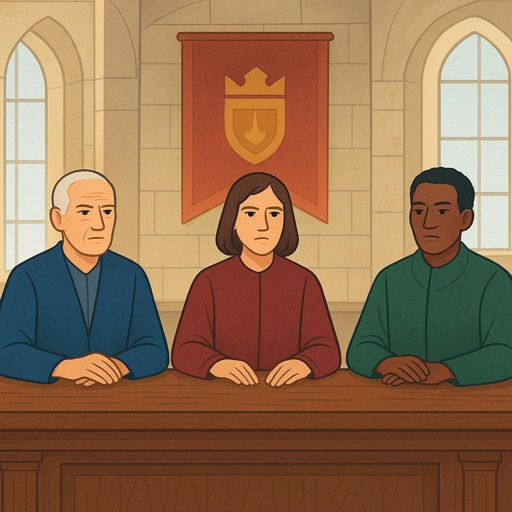 Three serious figures seated at a large wooden table in a formal setting, symbolizing a ruling council or military junta.